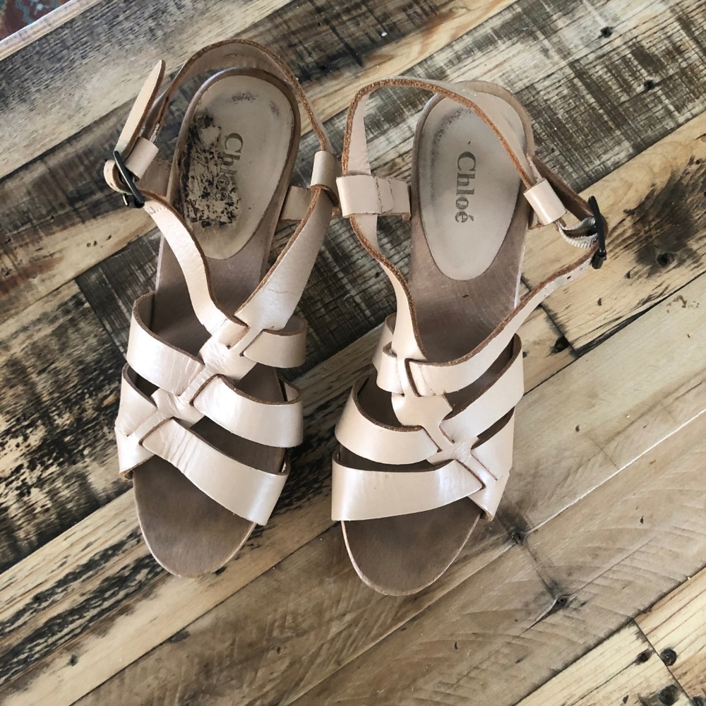 Chloe nude/camel wooden & leather sandals size 38